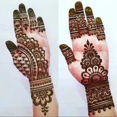 two hands with henna designs on them, one showing the intricate design and the other showing