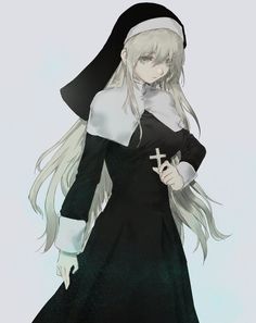 an anime character with long white hair wearing a black dress and holding a cross in her hand