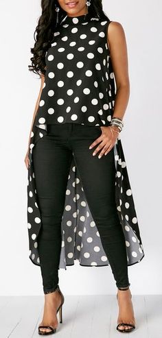 Polka Dot Black Sleeveless High Low Blouse #liligal #blouse #shirts #top #womenswear #womensfashion Black Pants Outfit Classy, White Top And Black Pants, Don Pedro, High Low Blouse, Chiffon Blouse, Polka Dot Print, Ladies Dress Design, Black Sleeveless