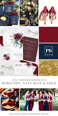 the wedding suite is shown with burgundy, navy and gold colors