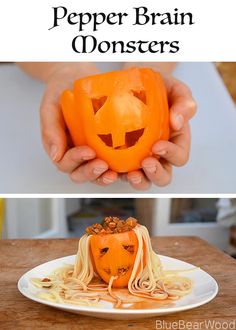 there are two pictures one has a pumpkin and the other has spaghetti on it, both with faces carved into them