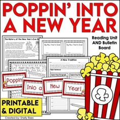 poppin'into a new year reading unit and bulletin board with popcorns on it