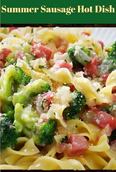 a pasta dish with broccoli, ham and cheese