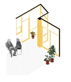 two people sitting in chairs next to each other on a floor with potted plants