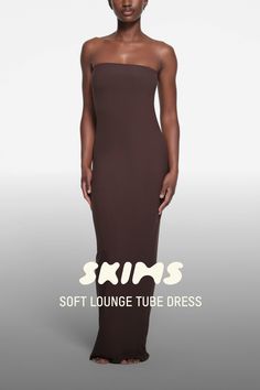 Our most in-demand dress, now in a strapless silhouette. This full-length style enhances every curve with our best-selling, slinky ribbed fabric that is addictively soft and supremely comfortable. Features an interior shelf bra with underbust elastic for light bust support. Fits true to size. | SKIMS Tube Dress | Deep Neutral | 3XL | Soft Lounge Lounge Dress, Tube Dress, Brown Dress, Shelf Bra, Ribbed Fabric, San Diego, Full Length, Dress Outfits, Lounge