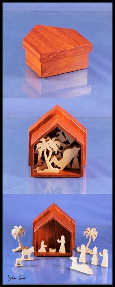 the nativity scene is made out of wood and has been cut into pieces to make it