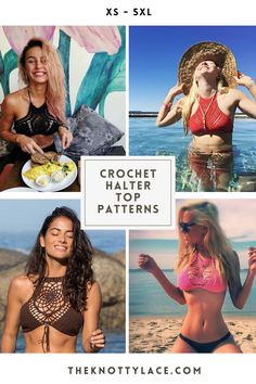 four photos of women in bikinis and hats with the text crochet halter top patterns