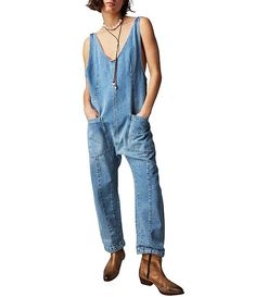 Free People High Roller Scoop Neck Sleeveless Jumpsuit | Dillard's Womens Denim Jumpsuit, Strap Jeans, Spring Jumpsuits, Summer Jumpsuits, Maternity Overalls, Romper Long Pants, Denim Jumpsuits, Harem Jumpsuits, Denim Jumper