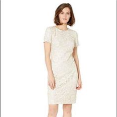 Beautiful Lace Sheath Dress Detail In Two Tone Cream/Porcelain. Size 2 Fully Lined Bust 17” Flat Shoulder 14” Waist 14.5” Flat Sleeve 7.25” From Seam To Cuff Hip 17.5” Flat Length 38.75” Loc 11 Elegant White Ralph Lauren Dress, White Short Sleeve Ralph Lauren Dress, Ralph Lauren White Short Sleeve Dress, White Fitted Ralph Lauren Dress, Lace Sheath Dress, Ralph Lauren Dresses, Ralph Lauren Dress, Cream White, Dress Details