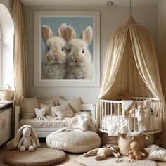 two rabbits are sitting next to each other in a room with white furniture and beige drapes