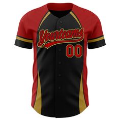 Custom Black Red-Old Gold 3D Pattern Design Curve Solid Authentic Baseball Jersey 3d Pattern Design, Baseball Jersey Men, Orange Texas, 3d Pattern, Sleeveless Crop Top, Number 3, Baseball Jersey, Button Design, Navy Pink