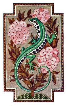 a lizard is sitting on top of some pink flowers and green leaves, with the letter s in it's center