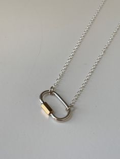 "-Delicate mixed metal carabiner on 18\" necklace -Silver color carabiner with gold accent on silver chain - Carabiner actually unscrews  -Sterling silver chain -Brass Carabiner" Silver Necklaces With Hook And Links For Everyday, Everyday Silver Necklace With Hook And Links, Carabiner Necklace, Gig Harbor Wa, Gig Harbor, Charm Necklaces, Gold Accent, Delicate Rings, Spring Rings