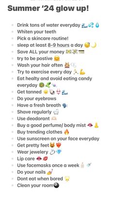 Glow Up Checklist Morning Routine, Glow Up Tips Over Summer, A Glow Up, Things To Do In Summer At Home Alone, How To Get A Glow Up In The Summer, How To Glow Up During Summer Break, Things To Do To Glow Up For Summer, Good Summer Routines, Summer Glow Up For School