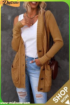 Khaki Front Pocket and Buttons Closure Cardigan Chic Brown Cardigan With Pockets, Casual Brown Button-up Sweater Coat, Brown Button-up Sweater With Pockets, Brown Sweater With Pockets For Spring, Brown Button-up Cardigan With Pockets, Color Khaki, Hottest Trends, Knit Patterns, Full Sleeve