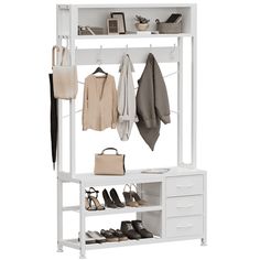 a white shoe rack with shoes and purses