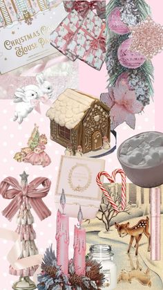 a collage of pink and white christmas items