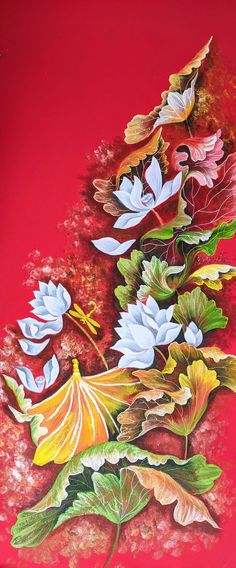 a painting of flowers and leaves on a red background