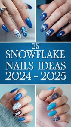 Gel Nails Christmas 2024, Winter Themed Nail Art, Blue Winter Nails With Snowflakes, Snowflake Nail Design Simple, Nails Snowflakes Winter, Sweater And Snowflake Nails, Navy Nails With Snowflake, Holiday Snowflake Nails, Dark Snowflake Nails