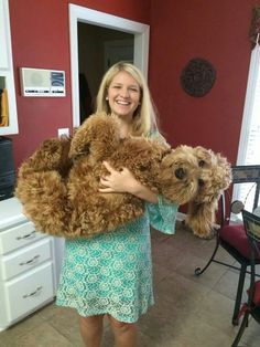 a woman holding a teddy bear in her arms and smiling at the camera while standing in a kitchen