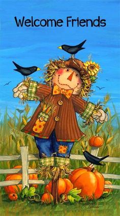 a painting of a scarecrow with pumpkins and birds