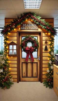 an office decorated for christmas with wreaths and lights on the front door, along with decorations