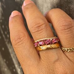 Another stunning piece of jewelry from MELIGreece's collection: a 18k rose gold wide ring band, paved with one row of mineral pink sapphires total weight 1.25 cts., another row of white diamonds 0.10 cts. and smaller rubies among the gemstones weighting 0.08 cts. Pink sapphires symbolize trust and faith. They are also believed to bring good luck and intense love.  This rose gold multi gemstone three row band with beautiful deep colors, made with care by our MELIGreece workshop in Athens. Size of Ring Assortment, Wavy Design, Gold Armband, Dope Jewelry, Classy Jewelry, Stacked Jewelry, Jewelry Lookbook, Deep Pink, Jewelry Inspo