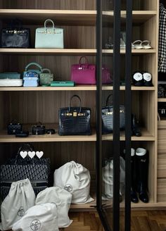 the closet is full of purses and handbags