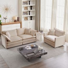 a living room with two couches and a coffee table in front of a window