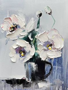 an oil painting of white flowers in a black vase on a blue and gray background