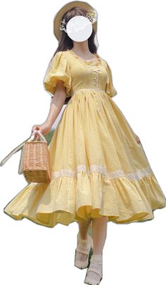 Yellow Sweet Dress With Ruffles, Retro Yellow Dress For Picnic, Cute Yellow Square Neck Dress, Yellow Square Neck Cute Dress, Yellow Cotton Dress For Picnic, Yellow Retro Vintage Dress For Garden Party, Cute Yellow Dress For Picnic, Yellow Retro Dress With Ruffles, Yellow Square Neck Dress With Ruffles