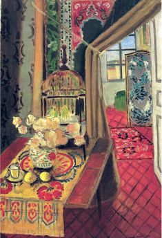 a painting of a birdcage and flowers on a table in front of a window