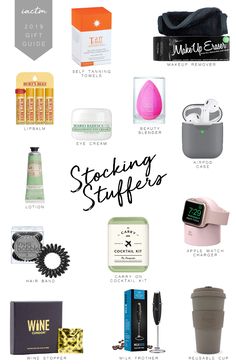 various items that are on top of a white background with the words stocking stuff