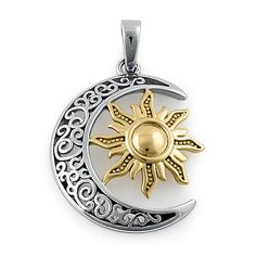 Sterling Silver Two-tone Bohemian Sun and Moon Pendant Sun And Moon Pendant, Bohemian Sun, Celtic Pendant, Silver Gold Jewelry, Sterling Silver Heart Pendant, Reference Drawing, Star Cloud, Clay Earring, Silver Wings