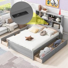 an image of a bed with storage drawers in the middle and stuffed animals on the bottom