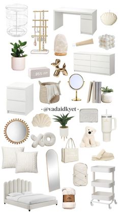 a collage of white furniture and accessories