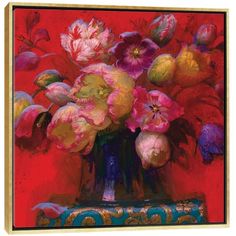 a painting of flowers in a blue vase on a red tablecloth with an ornate gold border