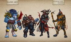 three different types of characters from the game art character design series, each wearing armor and holding swords