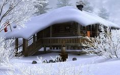 a cabin in the middle of winter with snow on the roof and trees around it