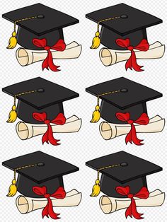 six graduation caps and diplomas with red ribbons on them, all in different positions