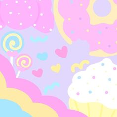 there is a pink and blue background with donuts, lollipops, and hearts