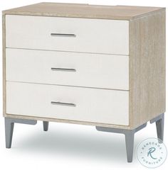 a white and wood dresser with three drawers on it's legs, against a white background