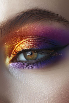 Purple Sunset Horizon Eyeshadow Ideas For Purple Purple Makeup Wedding, Make Up Purple Eyes, Sunset Inspired Outfits, Orange Makeup Ideas, Warm Eye Makeup, Purple And Orange Outfit, Sunset Eyeshadow Looks, Pink And Orange Eyeshadow, Orange Purple Makeup