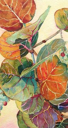 a painting of leaves and berries on a branch