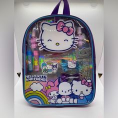 Adorable Sanrio Hello Kitty And Friends Ensamble Cosmetics Bag! The Bag Is 11" Tall, 9" Width, 1.5" Dimension Not Expanded And 2.5-3" Expanded. The Bag Includes 2 Lip Balms, 2 Nail Polishes, 1 Lip Gloss, 1 Compact, 1 Sheet Of Nail Stickers, 1 Brush, 1 Bag, 1 Nail File, 2 Hair Bows, And More! Perfect For Any On The Go Touch Ups Or To Expand Your Beauty Collection! Bag Features All Around Zip And Adjustable Straps. Beautiful Purple Color And Pattern Featuring Various Sanrio Characters. Officially Playful Hello Kitty School Bag, Trendy Purple Bags For Back To School, Trendy Purple Back-to-school Bags, Playful Hello Kitty Print Standard Backpack, Trendy Hello Kitty Print Bag For Back To School, Trendy Hello Kitty Print Back To School Bag, Playful Purple Backpack Bag, Playful Purple Standard Backpack, Kawaii Multicolor Bags For Back To School