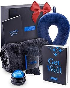 the get well gift set includes an inflatable pillow, book and other items