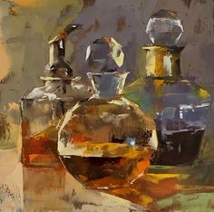 an oil painting of two bottles and a decanter sitting on a table top