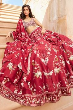 Shop for Sana Barreja Red Aliza Chanderi Silk Printed Lehenga Set for Women Online at Aza Fashions Red Anarkali Set With Printed Motifs For Wedding, Red Floral Print Sharara For Festive Occasions, Festive Red Sharara With Floral Print, Festive Red Floral Print Sharara, Designer Red Floral Print Lehenga, Designer Red Floral Print Sharara, Red Floral Print Sharara For Wedding, Red Floral Print Sets For Diwali, Red Floral Print Sets For Wedding