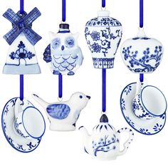 blue and white porcelain ornaments hanging from strings