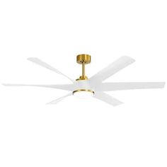 a ceiling fan with two white blades on the top and one yellow blade on the bottom